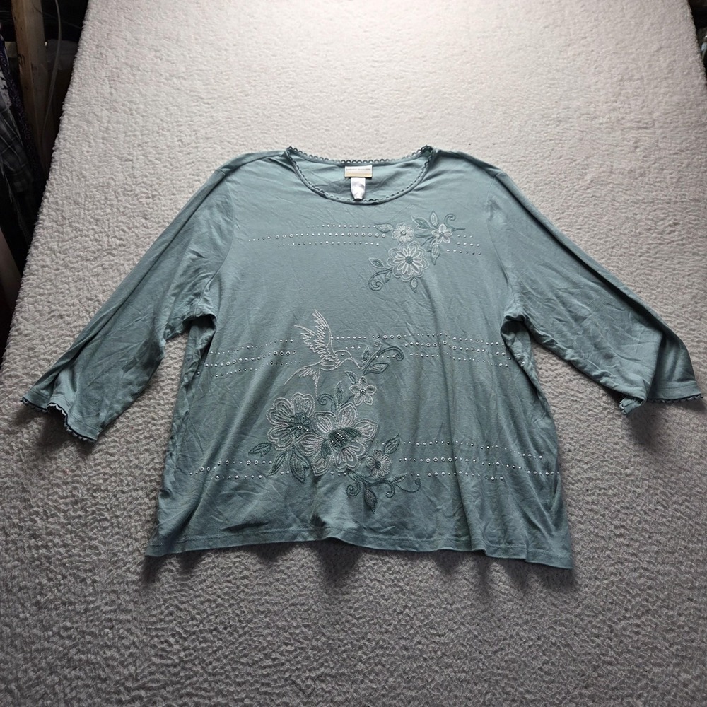 Alfred Dunner Embroidered Top Womens 1X Blue 3/4 Sleeve Floral Hummingbird Shirt